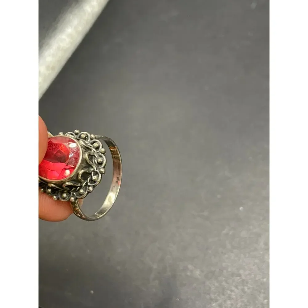 Vintage 925 Sterling Silver Pear Red Garnet Ring Size 10 Ornate Beaded Sz 9.5